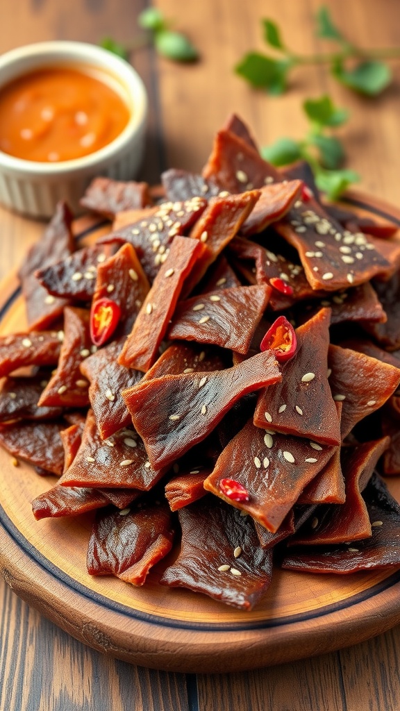 Homemade pork jerky arranged on a wooden platter with dipping sauce and herbs.